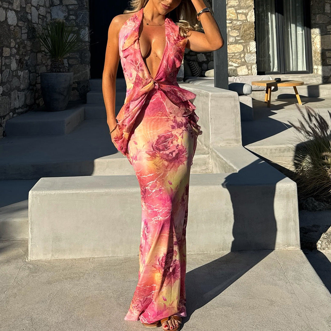 Women's Sexy Printing Color Contrast Backless Sheath Dress
