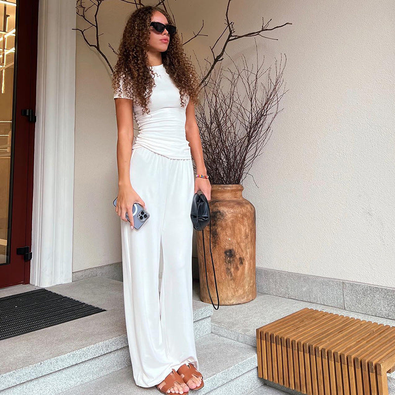 Spring And Summer Round Neck Solid Color Slim Fit Pullover Elastic Waist Wide Leg Trousers Suit