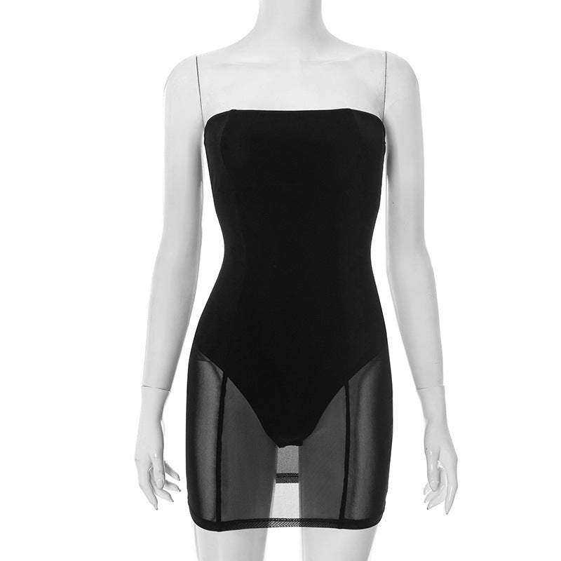 European And American Pure Color Tube-top Waist-tight One-piece Hip-wrapped See-through Dress