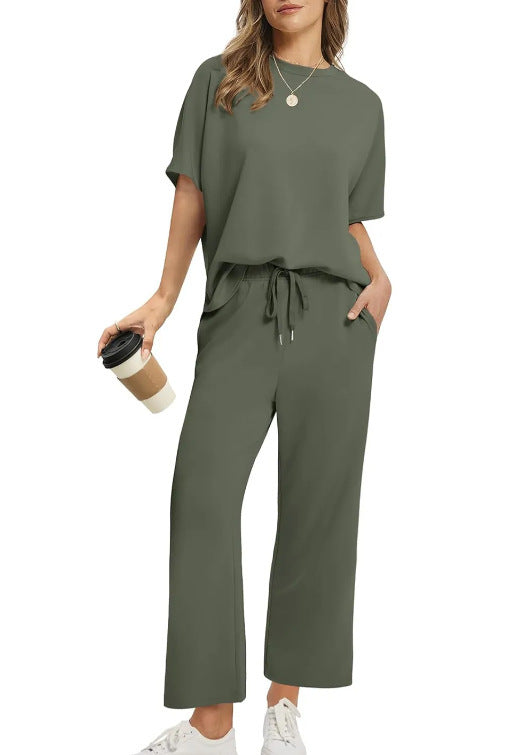 European And American Women's Solid Color Short-sleeved Casual Wide-leg Pants Suit
