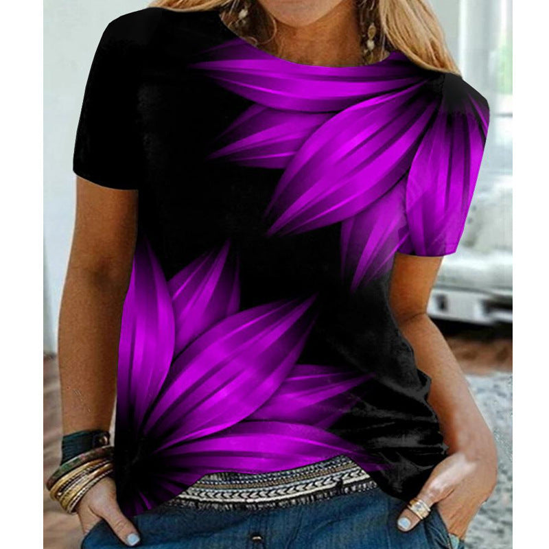 Artificial Cotton 3D Sunflower Print Round Neck T-shirt