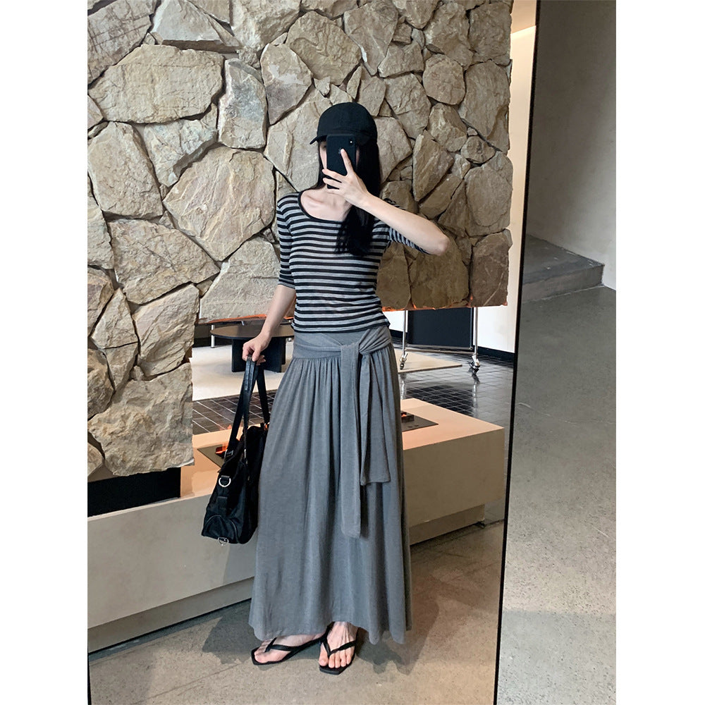 Summer U-neck Striped T-shirt Women's Elastic Mid-sleeve Top