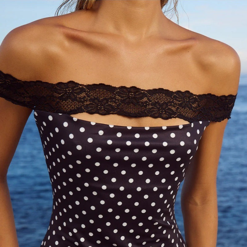 Fashion Dot Sexy Off-neck Pure Lace Slim Dress