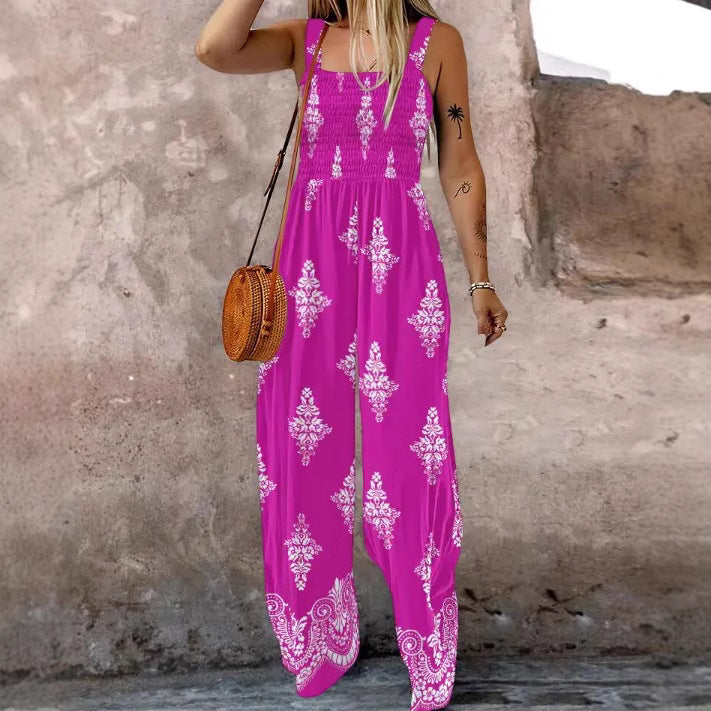 Woven Positioning Printing Women's Sling Pocket Wide Leg Jumpsuit