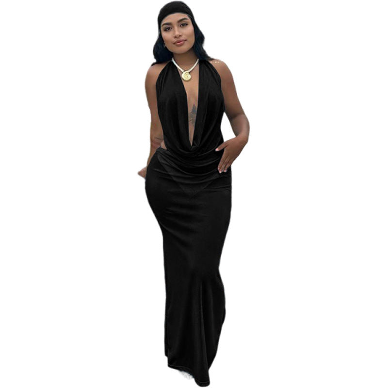 Headscarf Lace-up Vest Deep V Pile Collar Sexy Dress Three-piece Set For Women