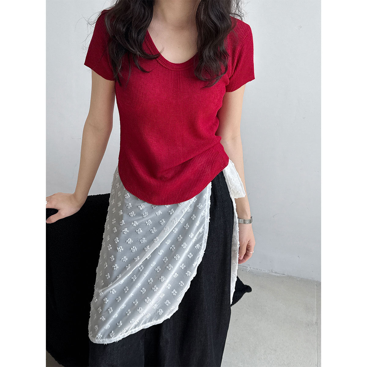 U-neck Shoulder Short Sleeved Women's Summer New Style Waist Cinching Slimming T-shirt