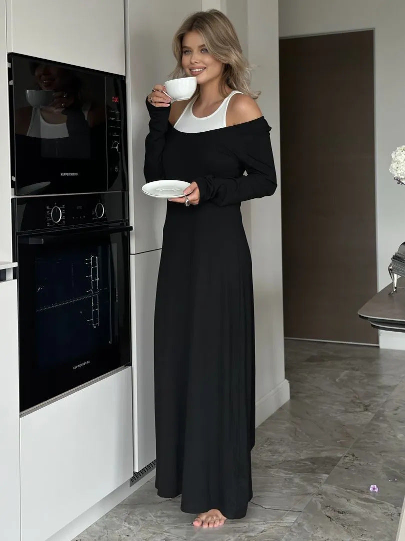 New Long Sleeve Stitching Fake Two-piece Vest Temperament Dress