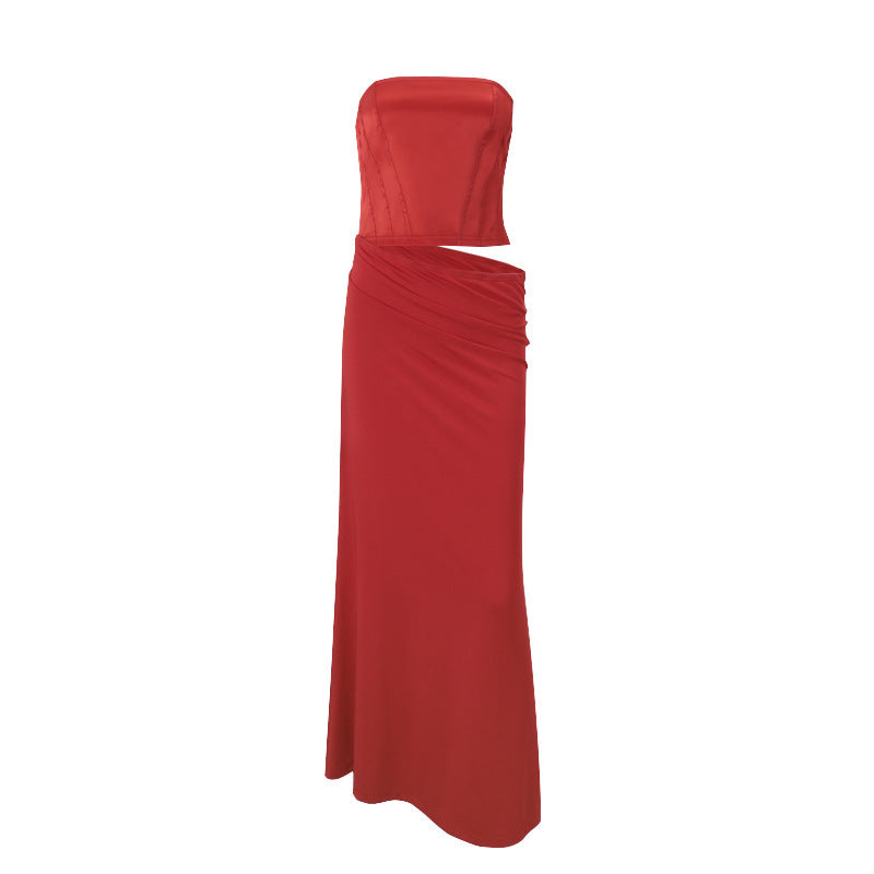 Women's Tube Top Back Tied Slim Fit Temperament Red Dress