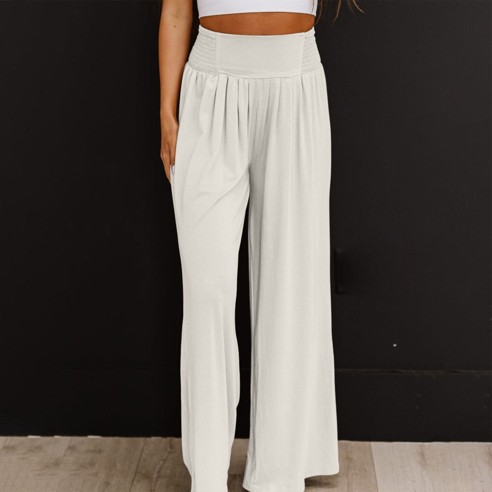 Women's Casual Cotton And Linen Smocking Distressed Mid-waist Trousers