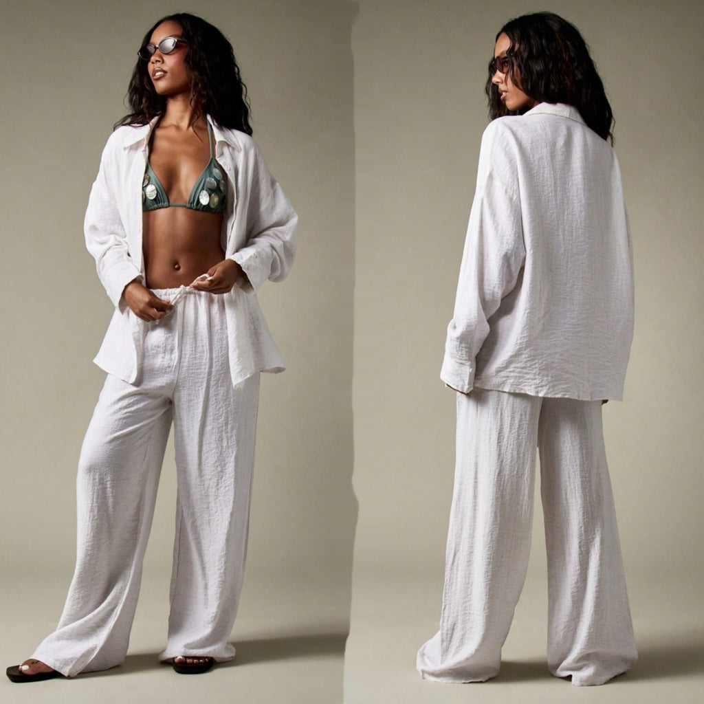 Solid-color Relaxed-fit Wide-leg Pants 2-piece Set