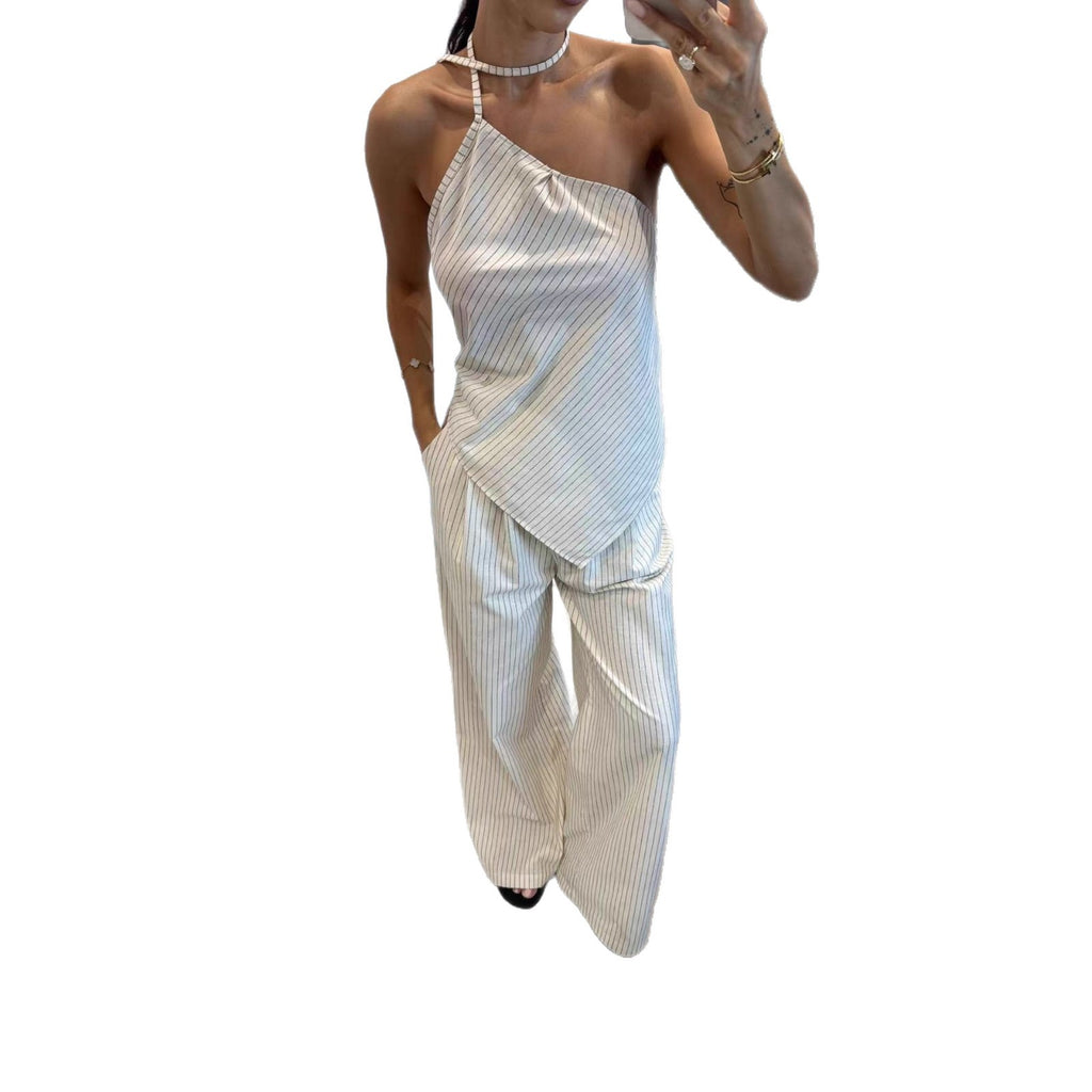 Off-shoulder Striped Irregular Top And Pants Two-piece Set