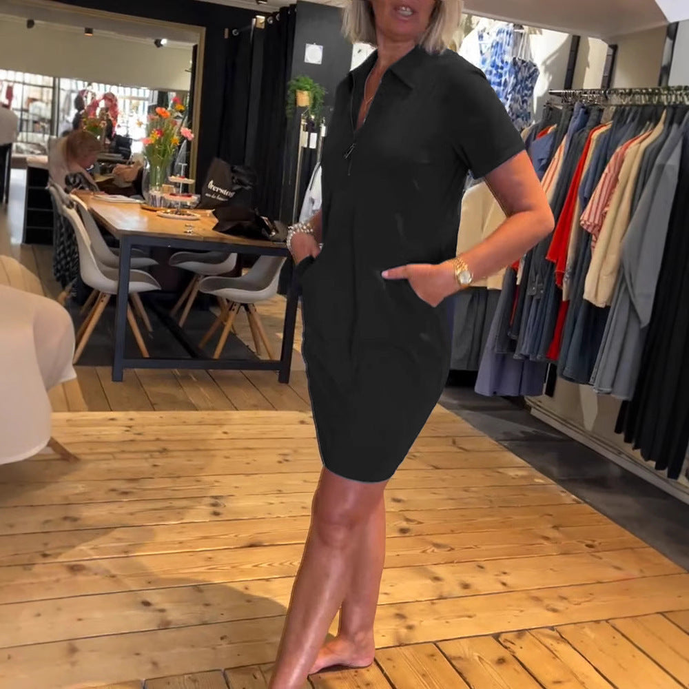 European And American Fashion Casual Lapel Short Sleeve Zipper Solid Color Dress