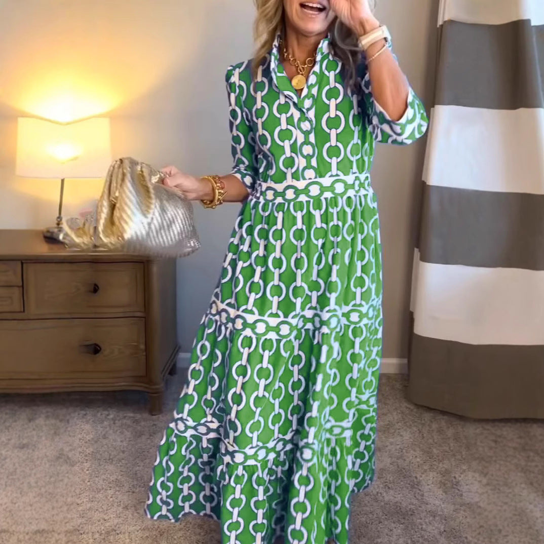 Spring And Summer Geometric Printed Round Neck Women's Maxi Dress