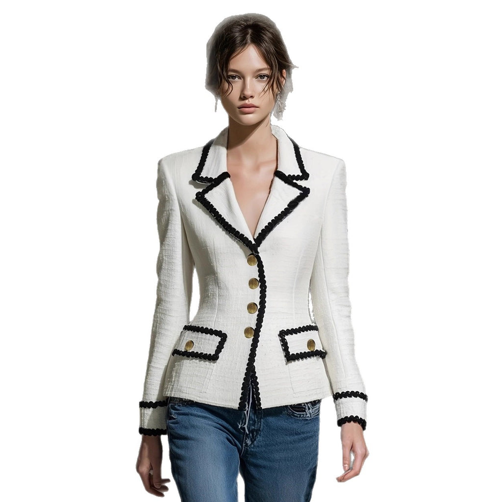 New Womens Elegant Tweed Blazer With Lace Trim