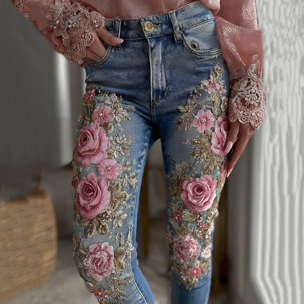 Womens Denim Jeans  Womens Trousers With Colorful 3D Floral Prints