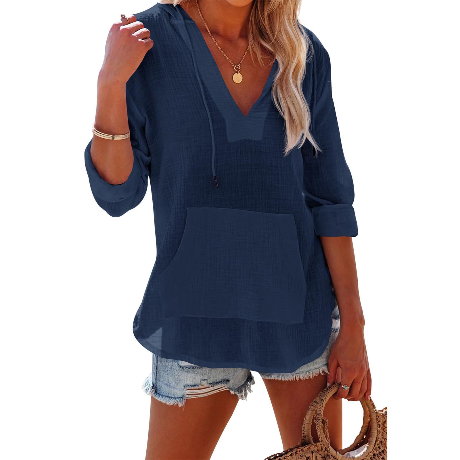 Sports Long Sleeve V-neck Pocket Hooded Women's Shirt Top