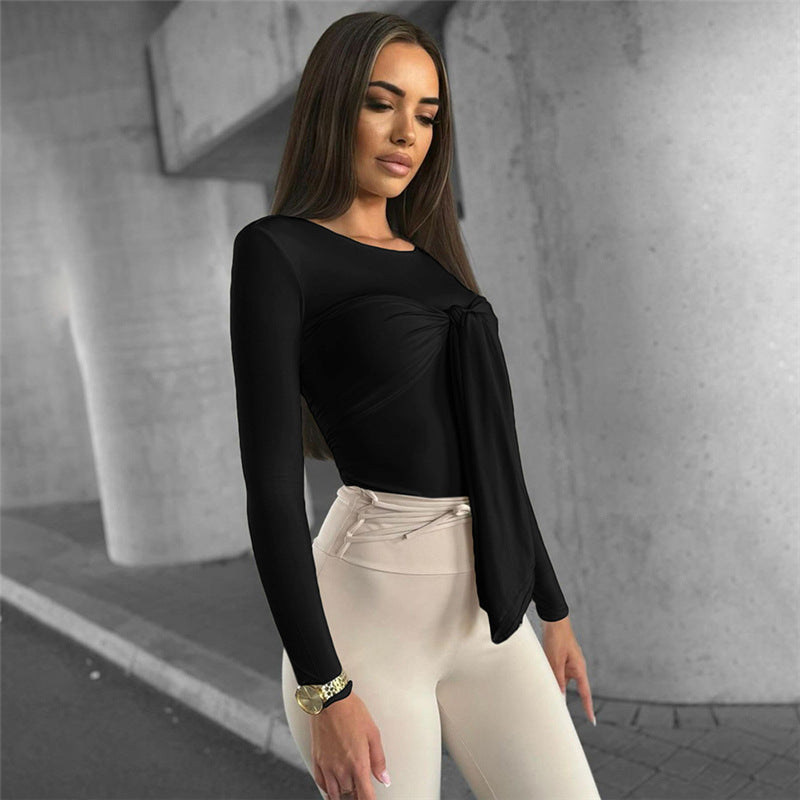 Round Neck Commute Style All-match Tight Slimming Long Sleeve Top