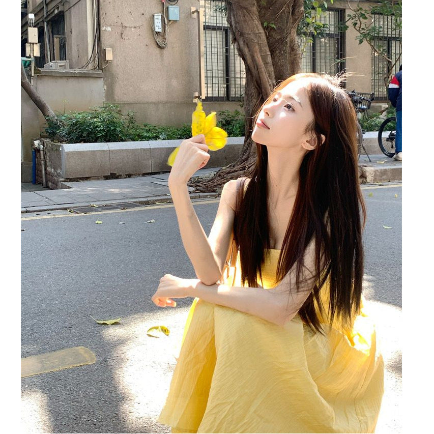 Small Yellow Gallus Dress Women's Clothing Summer New Waist-tight Temperament Long Dress Seaside Vacation Skirt