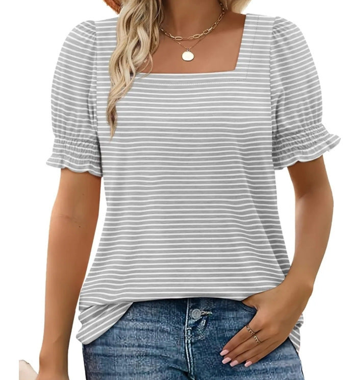 Fashion Simple U-neck Petal Sleeve Loose T-shirt