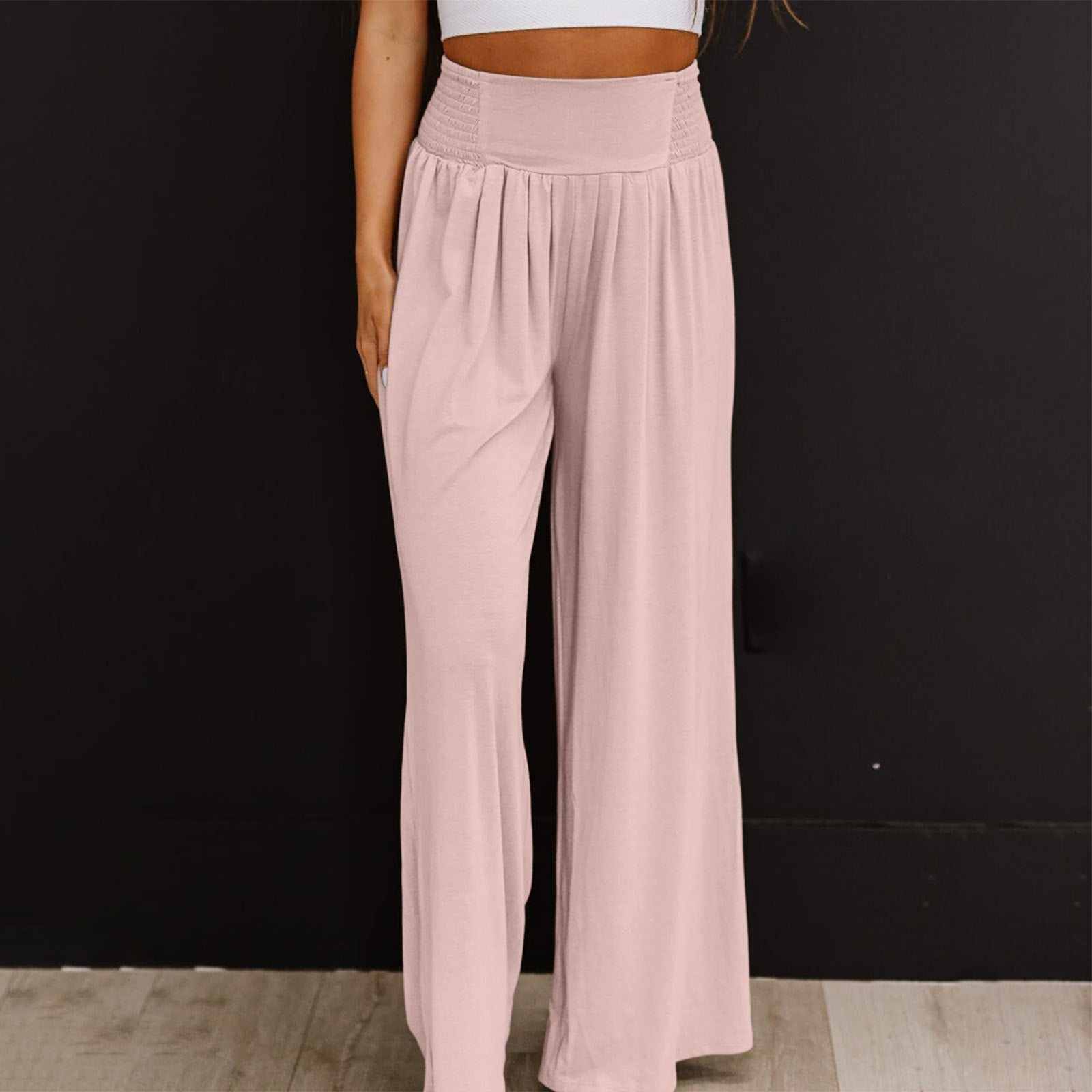 Women's Casual Cotton And Linen Smocking Distressed Mid-waist Trousers