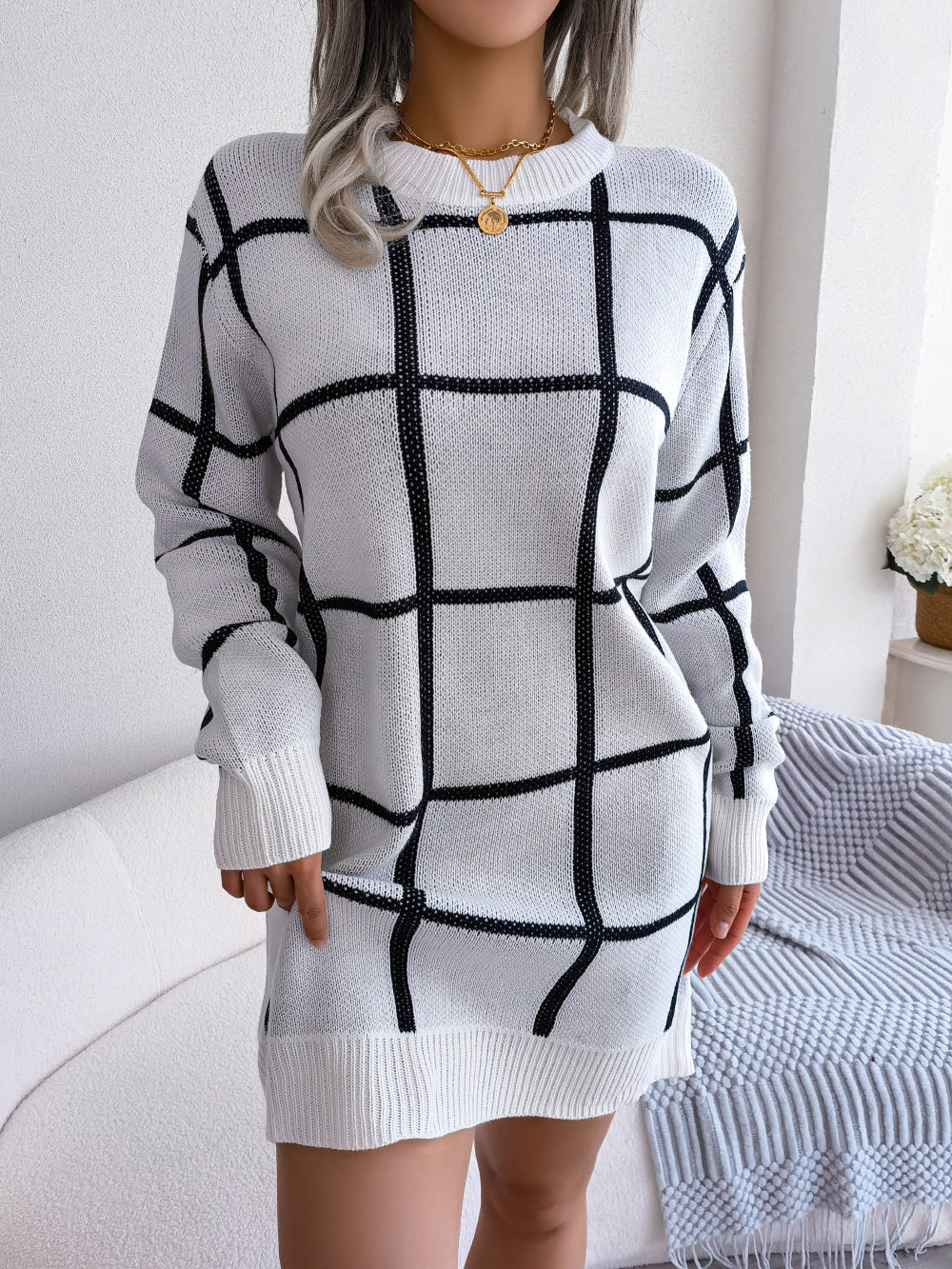 Casual Color Block Plaid Long Sleeve Sweater Dress