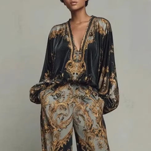 Womens Early Spring Resort-Style V-Neck Korean Fleece Print Set