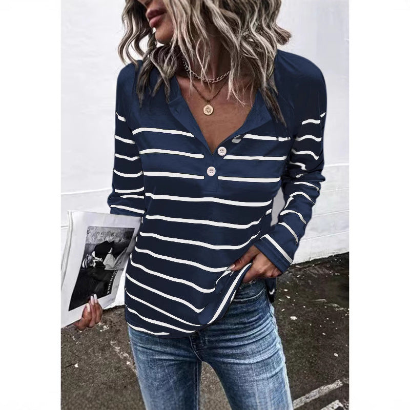 Striped Round Neck Button Casual Loose Long Sleeve