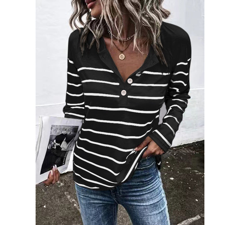 Striped Round Neck Button Casual Loose Long Sleeve