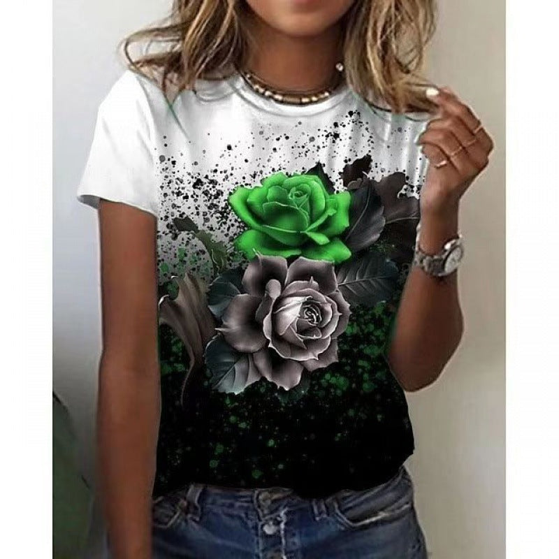 Artificial Cotton 3D Sunflower Print Round Neck T-shirt