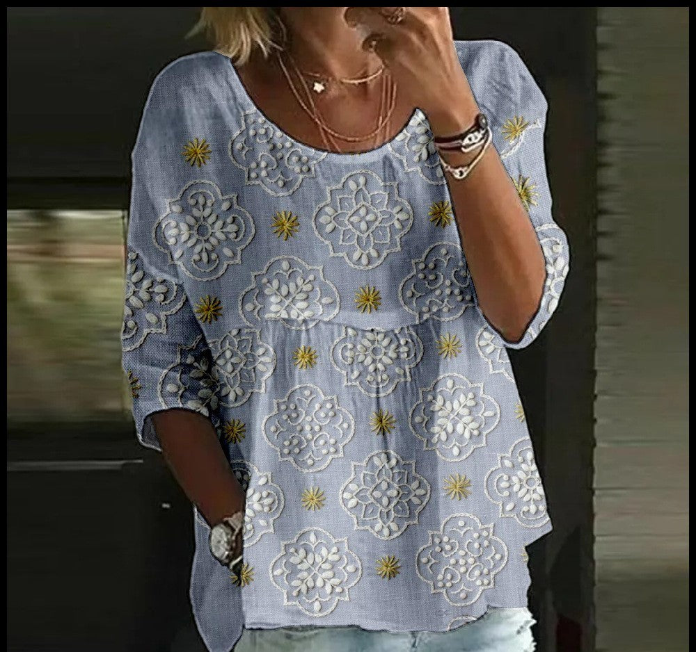 Women's T-shirt Casual Spider Bat Digital Print Mid Sleeve Pleated Round Neck Top