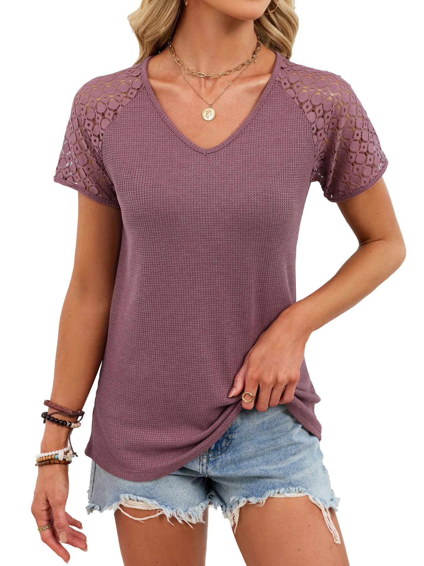 V-Neck Waffle-Knit Grace Panel-Sleeve Casual T-Shirt