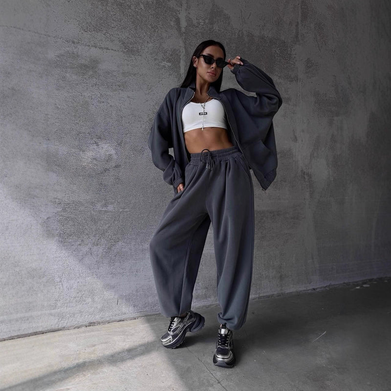 Casual Sports Suit Cardigan Wide Leg Sweatpants For Women
