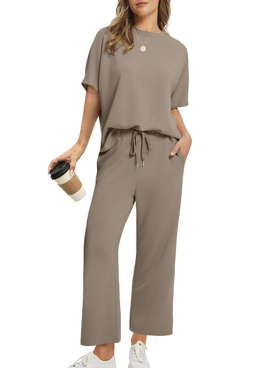 European And American Women's Solid Color Short-sleeved Casual Wide-leg Pants Suit