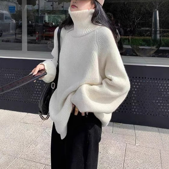 Loose, Mid-Length Effortless-Style Knitted Sweater For Women With Side Zipper And Lapel Design
