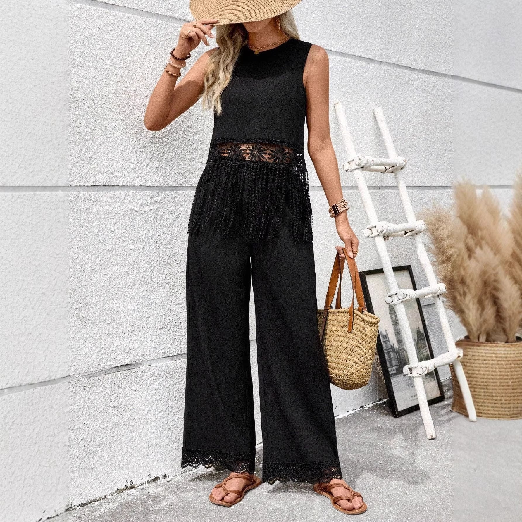 Resort-style Lace Tassel Sleeveless Vest And Wide-leg Pants
