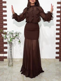 Dark Brown Ruffled Chiffon Blouse & Sheer Mermaid Maxi Skirt 2-Piece Set