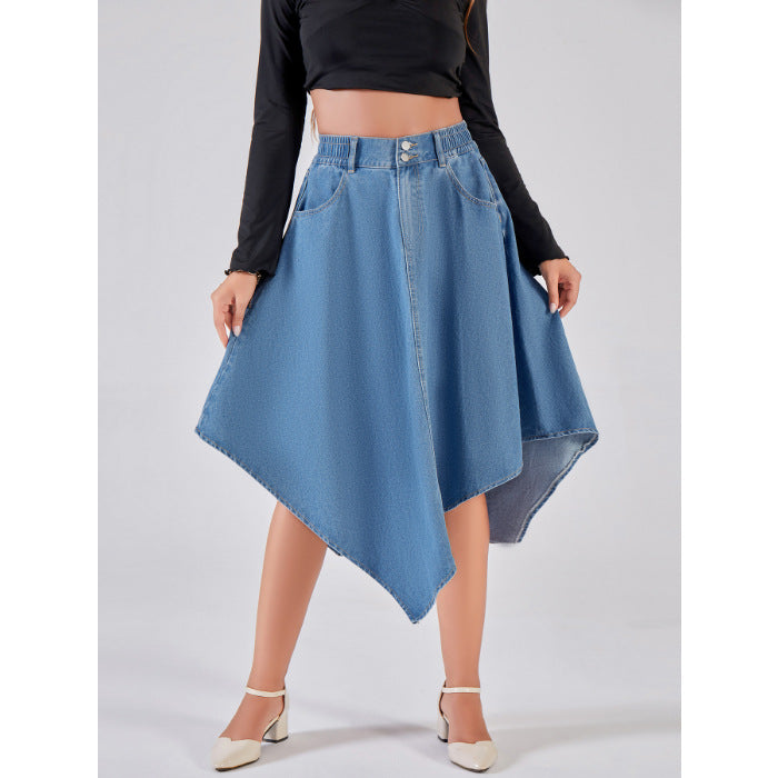 Womens Solid-Color Irregular Denim Skirt High-Waisted Denim Skirt