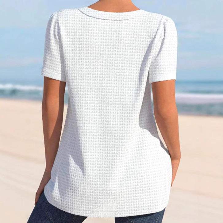 European And American Solid Color Buttons V-neck Short Sleeve Loose Casual Top