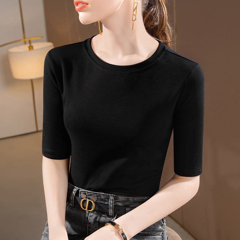 Women's Solid Color Round Neck Half-length Sleeve Cotton T-shirt Fashion Simple
