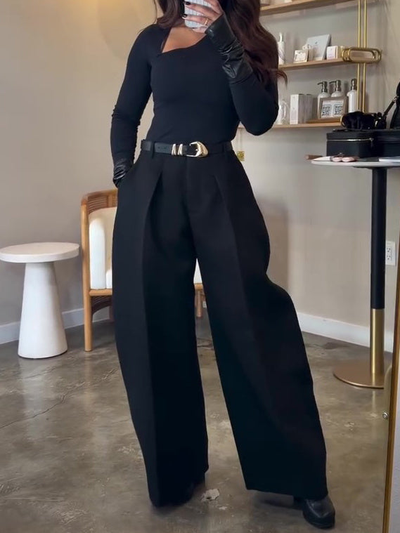 Black Oversized Wide-Leg Pants With Pleated Detail And High Waist