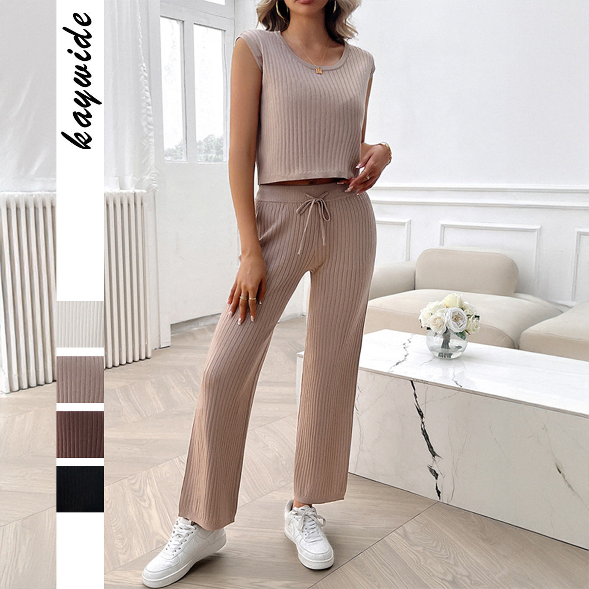 Casual Slim-fit Solid Color Woolen Sleeveless Bm Top Cropped Pants Set