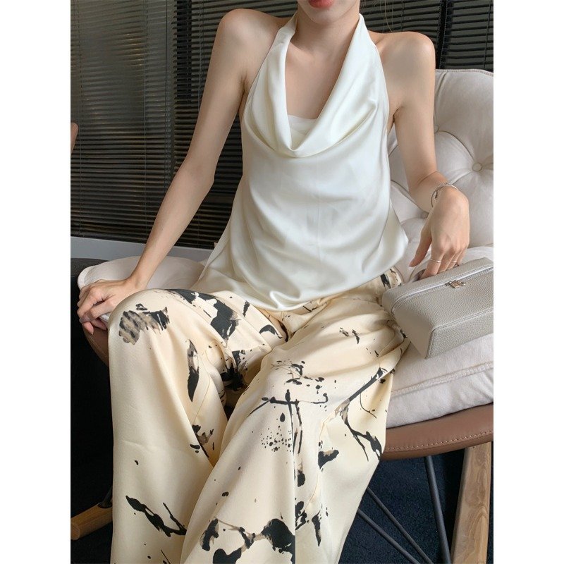 Satin Draping Effect Swing Collar Halter Spaghetti Straps Vest For Women