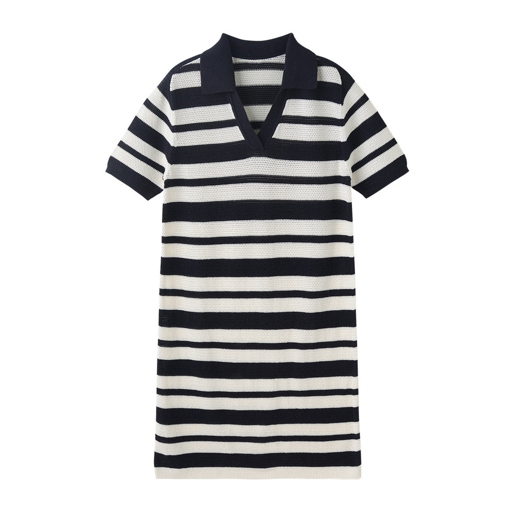 Black And White Striped Hollow-out Blended Knitted Mini Dress Lapel Short Sleeve