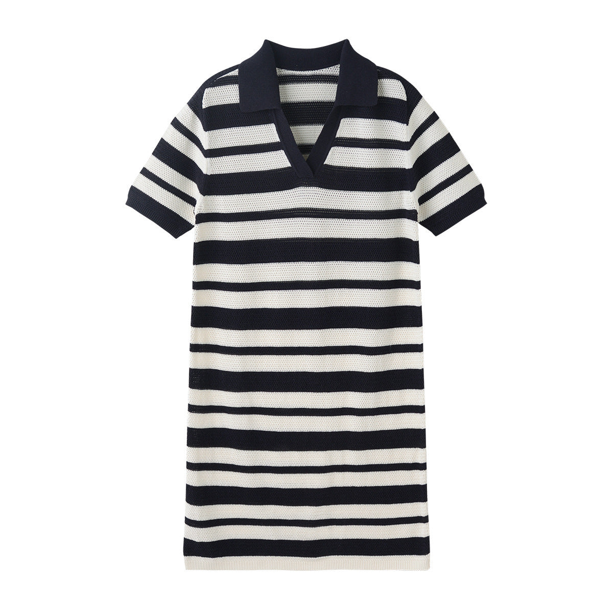 Black And White Striped Hollow-out Blended Knitted Mini Dress Lapel Short Sleeve