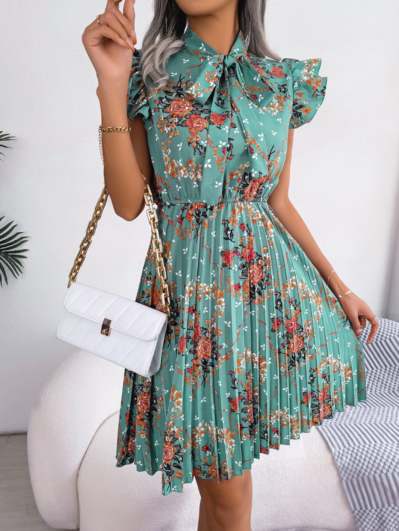 Elegant Floral Print Tie Waist Flowy Pleated Skirt