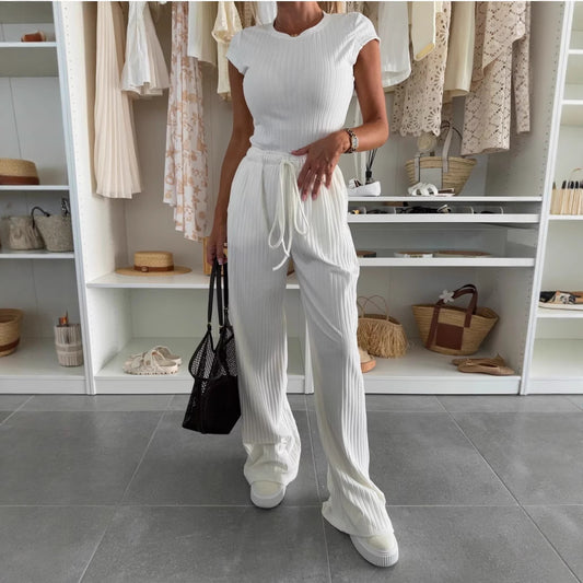 Textured Knitted Short-sleeved Shirt Wide Leg Pants Solid Color Casual Suit