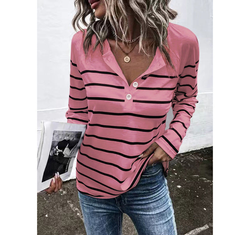 Striped Round Neck Button Casual Loose Long Sleeve