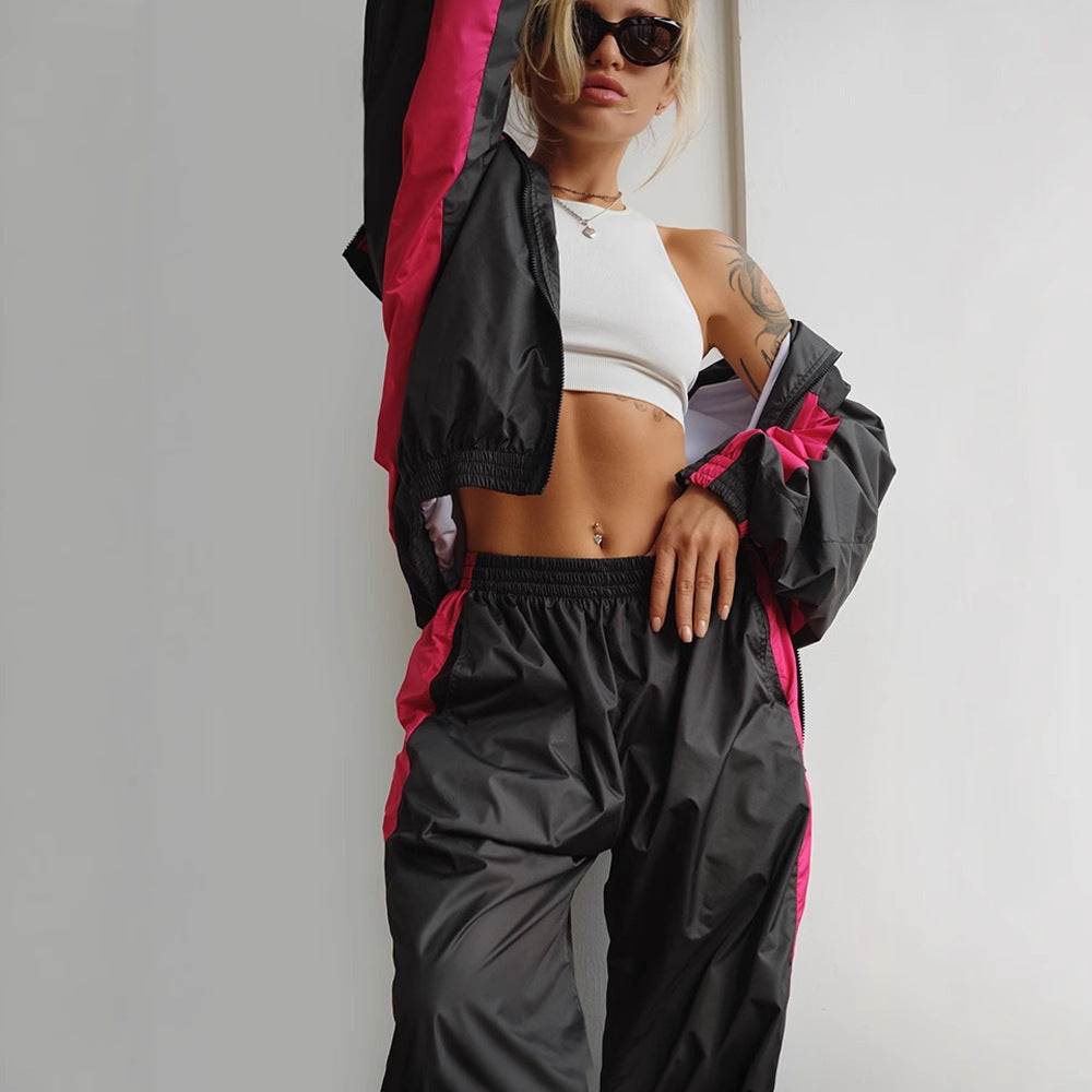Casual Loose Color Matching Long Sleeve Zipper Cardigan Sports Suit