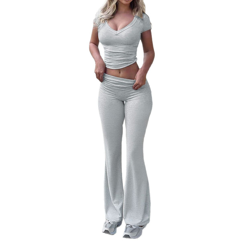 Slim Fit Solid Color And V-neck Short-sleeved T-shirt Flared Trousers 2-piece Set