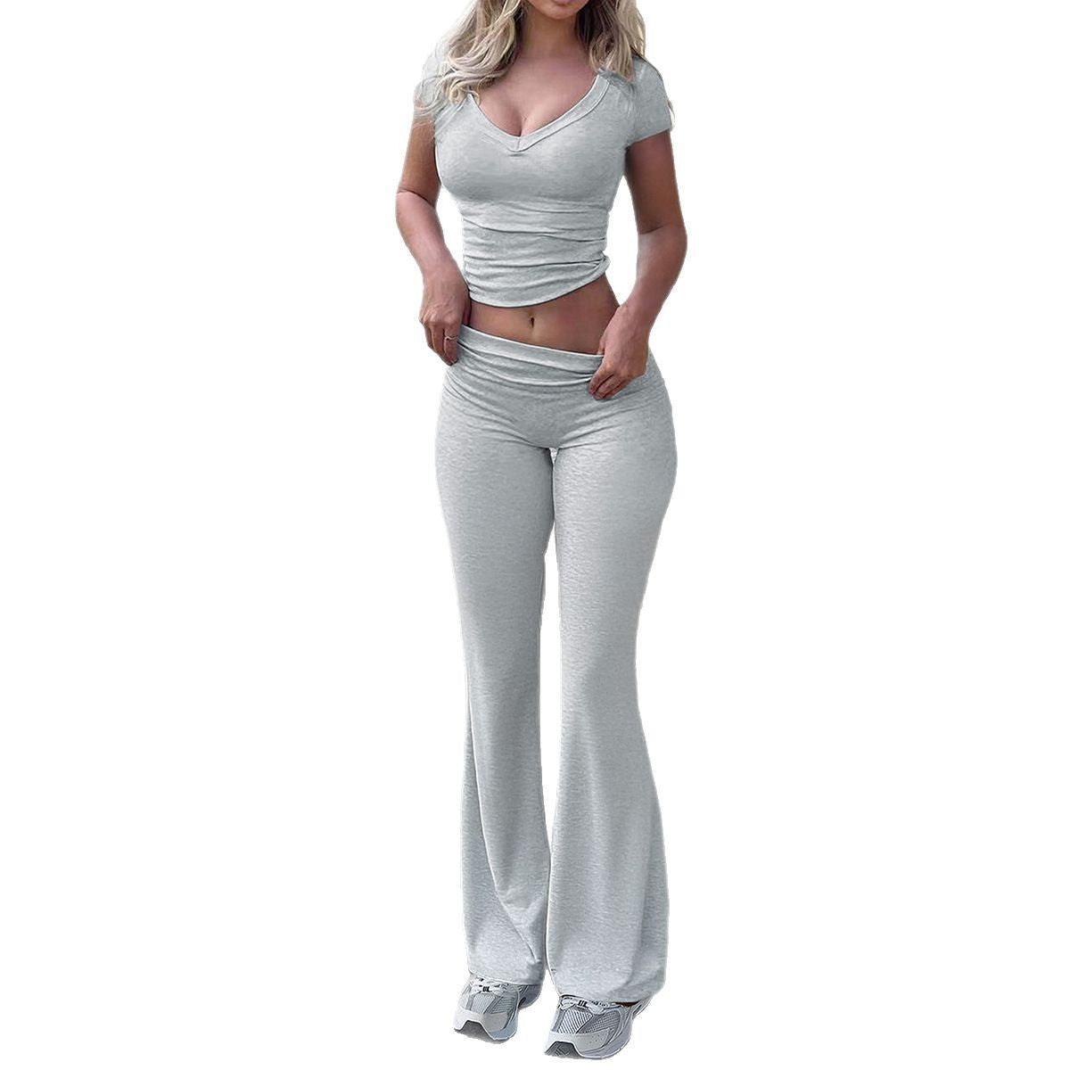Slim Fit Solid Color And V-neck Short-sleeved T-shirt Flared Trousers 2-piece Set